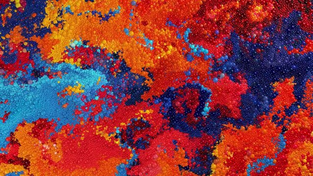 Abstract liquid video background 4k. 3d rendering of spherical particles moving in multicolored swirling blending flows Colorful intertwining mixing streams of red, orange, blue floating bubbles balls