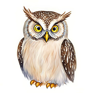 Watercolor Children Book Illustrations, Cute Owl sitting with white background, created with Generative AI technology 