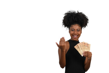 woman smiling holding brazilian money bills, positively surprised, space for text, person,...