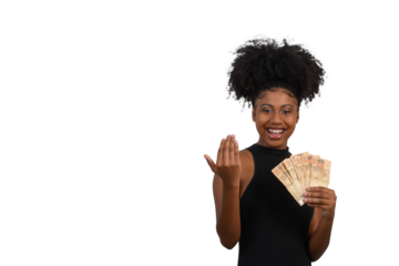 woman smiling holding brazilian money bills, positively surprised, space for text, person, advertising concept