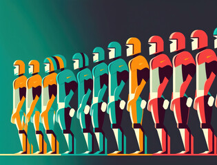 A colorful football team lined up across the field excited to start the game. Lifestyle concept. AI generation.