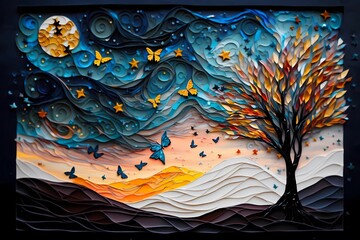 Colorful landscape oil painting background with space for text, full moon and butterflies - Generated by Generative AI