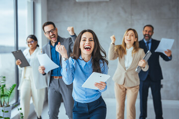 Portrait of overjoyed young diverse employees workers show thumb up recommend good quality company...