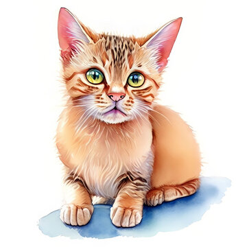 Watercolor Children Book Illustrations, Cute cat kitten full body sitting with white background, created with Generative AI technology 