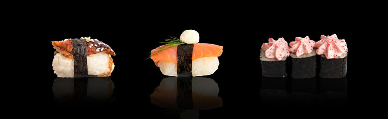 Japanese Sushi Rolls with Cream Cheese and Flying Fish Caviar Isolated