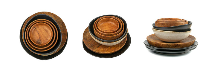 Fototapeta na wymiar Empty Wood Bowls and Plates Isolated, Wooden Bowl, Black Plate Mockup on White Background Top View,