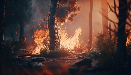 driving a car and running away from the forest burning in flames, GENERATIVE AI