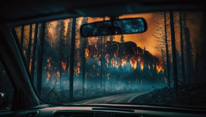 fire, forest, wildfire, blaze, smoke, danger, destruction, emergency, evacuation, car, GENERATIVE AI