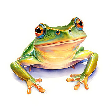 Watercolor Children Book Illustrations, Cute Green frog sitting with white background, created with Generative AI technology 