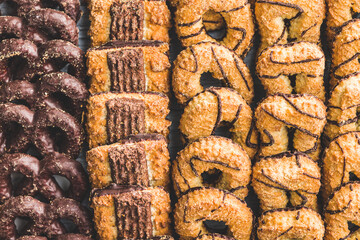 Assorted various cookies. Sweet biscuits. Top view.