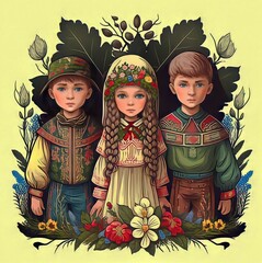 3 children in national costumes