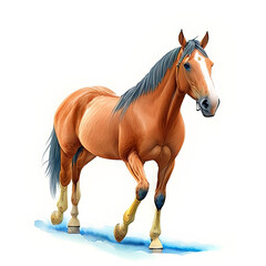 Watercolor Children Book Illustrations, Beautiful brown horse walking with white background, created with Generative AI technology 