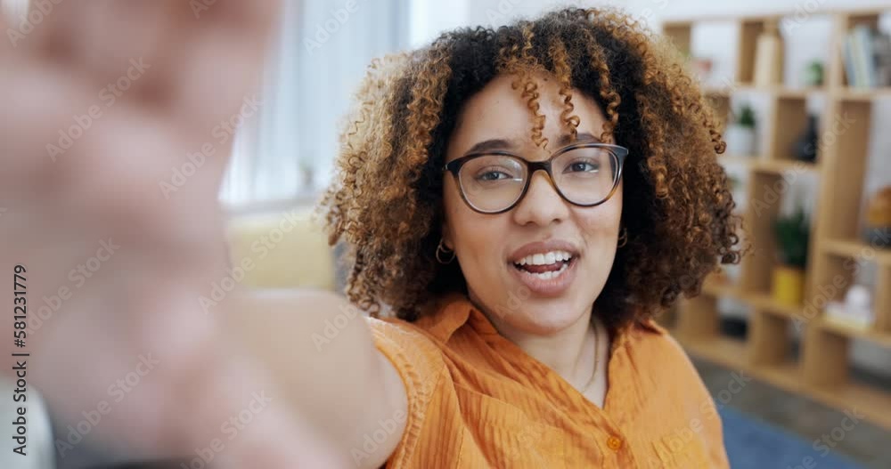 Canvas Prints Face, hand and peace sign by black woman smile for selfie, video call or creating content in her home. Portrait, silly and girl influencer live streaming for social media, blog or fun profile picture