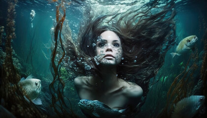 Beautiful surreal mermaid in the water. Randomly generated not based on a real person. generative AI