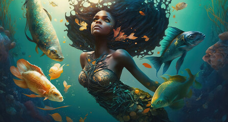 Beautiful black mermaid in the water. Randomly generated not based on a real person. generative AI © ReisMedia