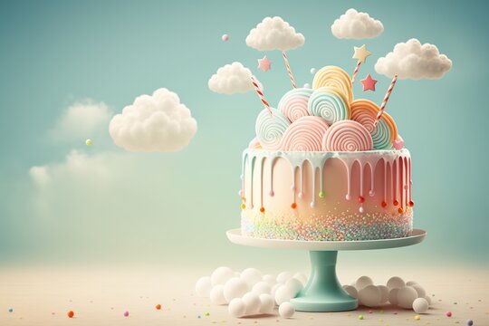 Festive colorful cake on a stand decorated with sweets, stars, white clouds, chocolate for baby on a blue background. Child's birthday. Gentle, tender colors. Generative AI