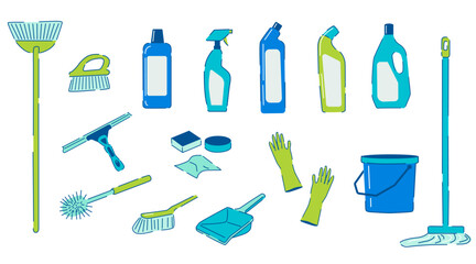 Set of blue cleaning tools detergents, broom and mop. Vector domestic equipment and bucket, sponge and cleaner for housework.