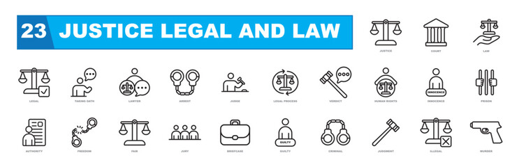 Justice legal and law outline icon collection.