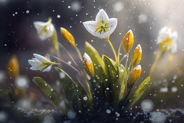 White Spring Flowers Blooming in Snow