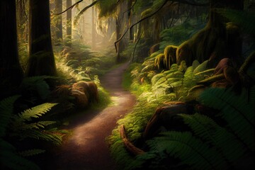 Spring Morning Forest Trail Path Scene with Lush Ferns Moss Trees Rocks Streams Inspired by Pacific Northwest Rainforests Washington State Background Image