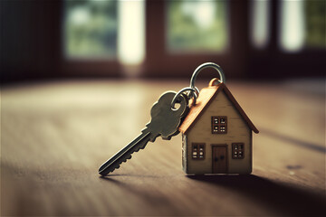 house-shaped keychain holding a key on wooden floorboards symbolizes the idea of real estate, moving homes, or renting properties. generative ai,