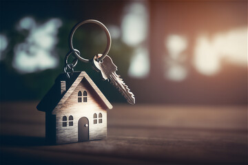 image of a house key on a keychain shaped like a house resting on wooden floorboards signifies the concept of real estate, moving homes, or renting properties. generative ai,