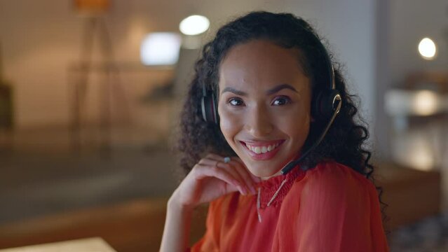 Customer service computer, telemarketing consulting and happy woman talking on contact us CRM or telecom. Call center communication, face portrait and information technology consultant on microphone