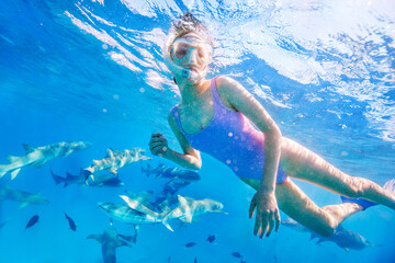 Young girl snorkeling with nurse sharks