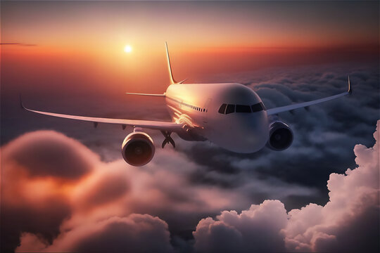 passenger aircraft or Airplane in the sky at sunrise flying above the clouds. generative ai