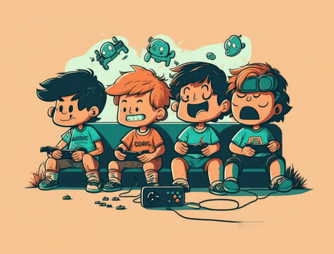 A young boy playing video games with his friends laughing and immersed in another world. Lifestyle concept. AI generation.