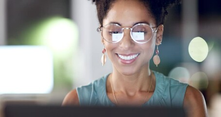Face, laptop and woman in office at night, smile and happy at startup company on bokeh background. Online, reading and female entrepreneur excited for checking business email or project with glasses - Powered by Adobe