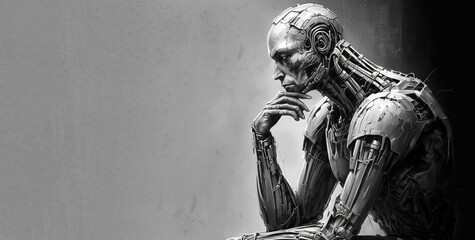 Humanoid robot sits and thinks, side view of AI android on gray background, generative AI - obrazy, fototapety, plakaty