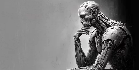 Fotobehang Humanoid robot sits and thinks, side view of AI android on gray background, generative AI © scaliger