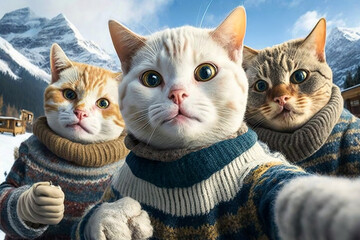 Cats wearing sweaters make selfie, funny pets on vacation in mountains, generative AI