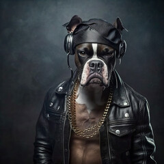 Boxer dog in black jacket listens music, portrait of dj or rapper animal, generative AI. - obrazy, fototapety, plakaty