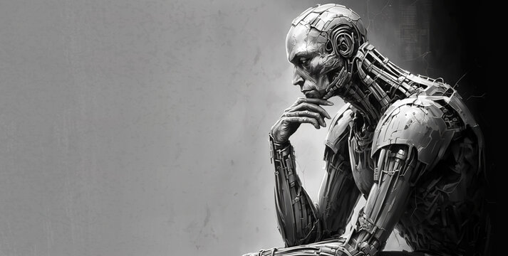 Humanoid robot sits and thinks, side view of AI android on gray background, generative AI