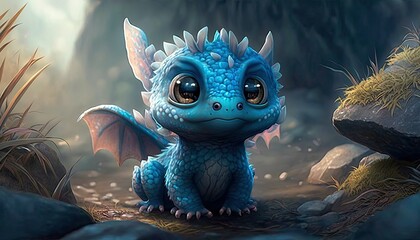 A charming cute baby dragon. Realistic illustration of a fantasy background concept art. Generative AI