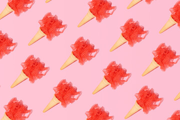 Creative strawberry fruit flavor melting ice cream idea, summer holiday pattern against pastel pink background. 