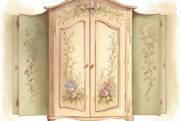 An armoire painted with cheerful floral motifs adds a vibrant detail to a bedroom with a warm and earthy Frenchcountrystyle Interior decoration. AI generation.