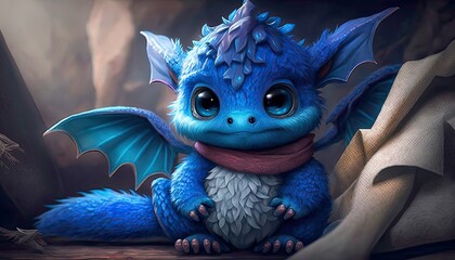 A charming cute baby dragon. Realistic illustration of a fantasy background concept art. Generative AI