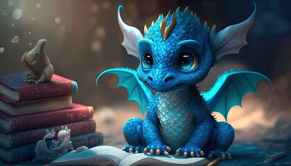 A charming cute baby dragon. Realistic illustration of a fantasy background concept art. Generative AI