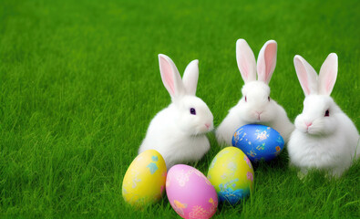 Easter bunnies and Easter eggs on green grass field spring meadow