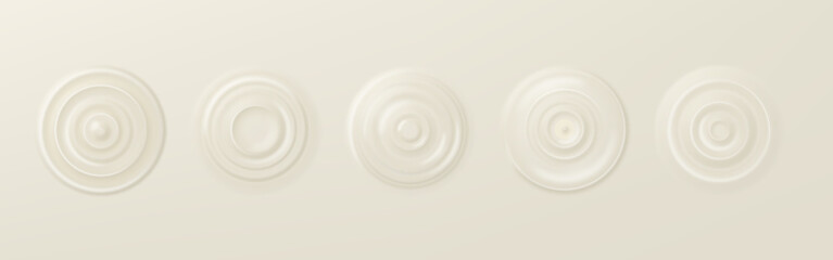 Ripple milk wave effect set. Concentric circles on white background. Milk drop splash effect. Vector abstract waves surface circles on light.