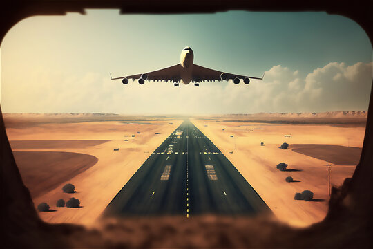 Commercial or military airplane take off flying in desert airport. generative ai