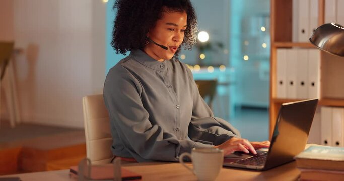 Laptop, customer service and remote work with a business black woman in her home at night for support. Contact us, smile and consulting with a happy female employee working at a desk in her house