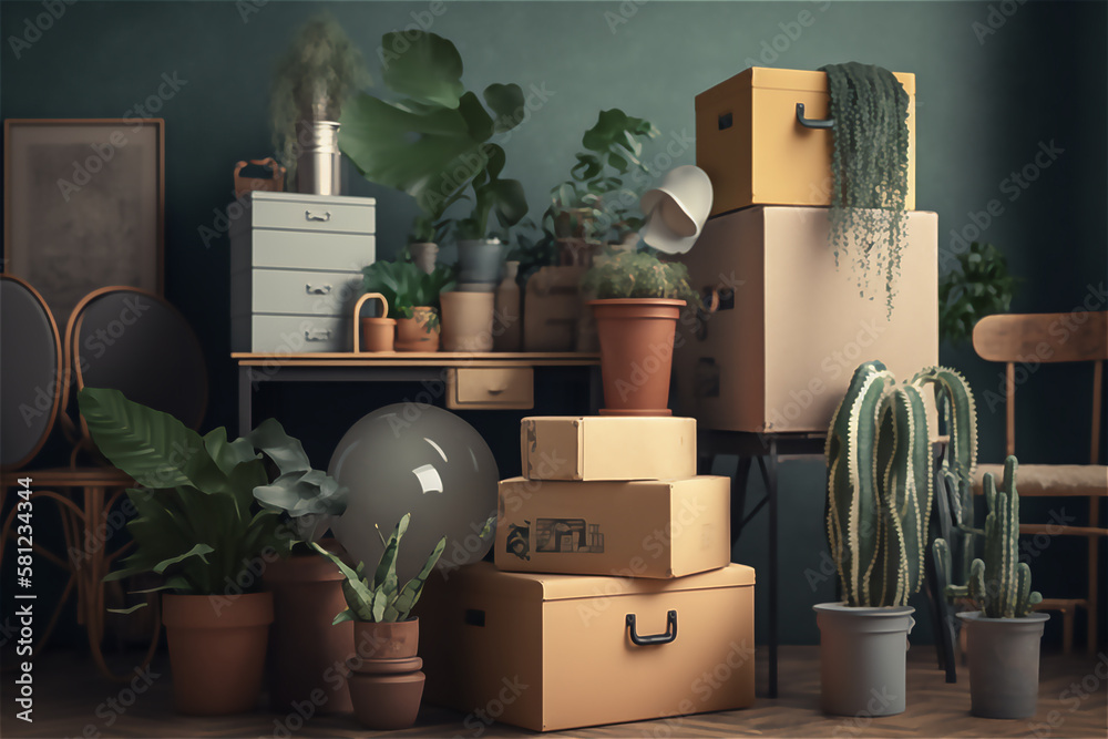 Poster moving to a new home. the family moved to a new home. paper cardboard boxes with various household i