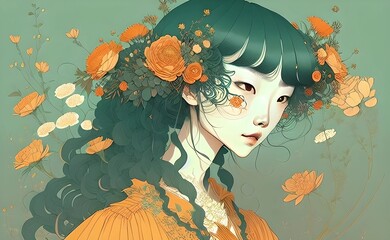 Asian girl beautiful with long hair with flowers illustration, pastel colors.