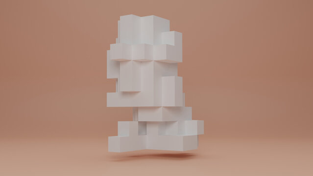 3d rendering of a sculpture of a sitting lion. A statue made of many large pixels, cubes. Recognition in the image. The idea of digital 3d art, NFT technologies, low-poly modeling.