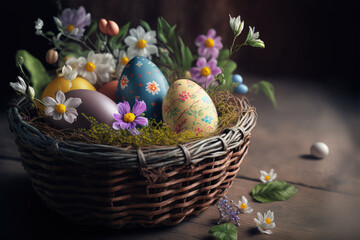 Obraz na płótnie Canvas Easter eggs in the basket. Generative AI.