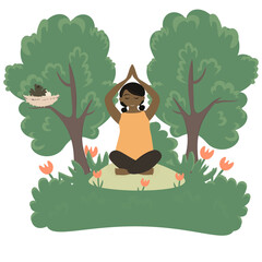 A dark-skinned girl in nature does yoga and sports.